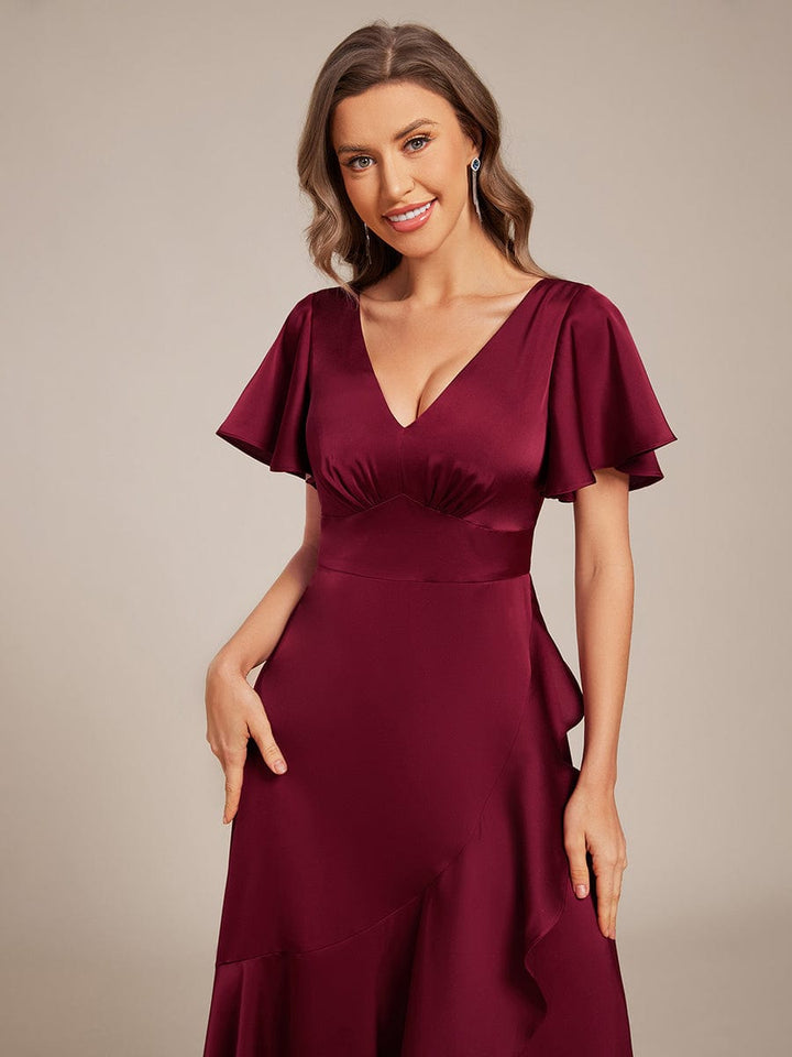 ever WYNTER|Short Sleeve Ruffled Satin Midi Wedding Guest Dress