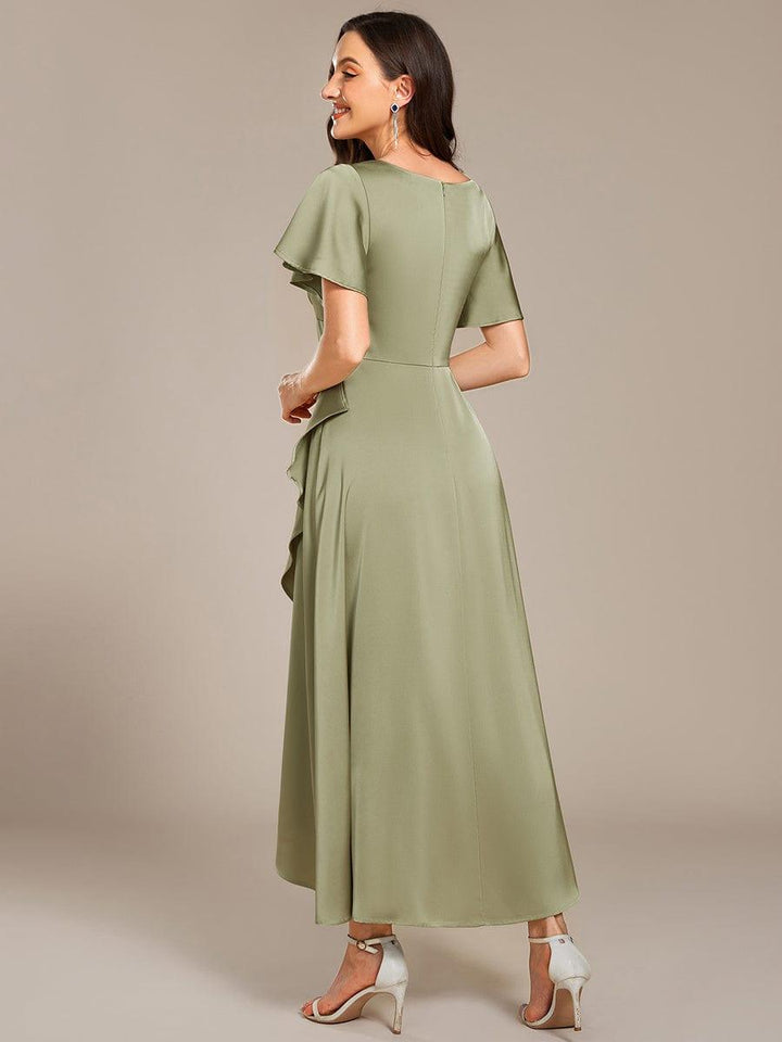 ever WYNTER|Short Sleeve Ruffled Satin Midi Wedding Guest Dress