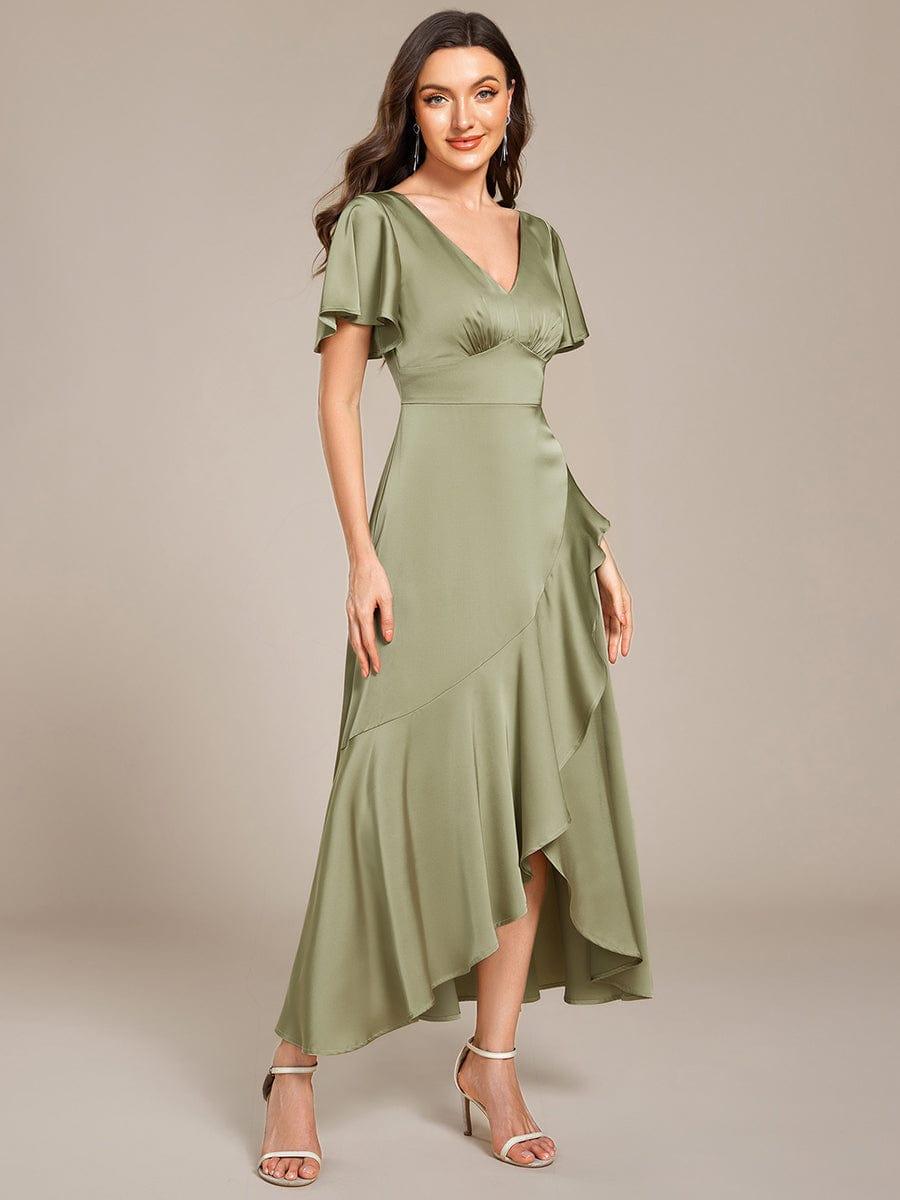 ever WYNTER|Short Sleeve Ruffled Satin Midi Wedding Guest Dress
