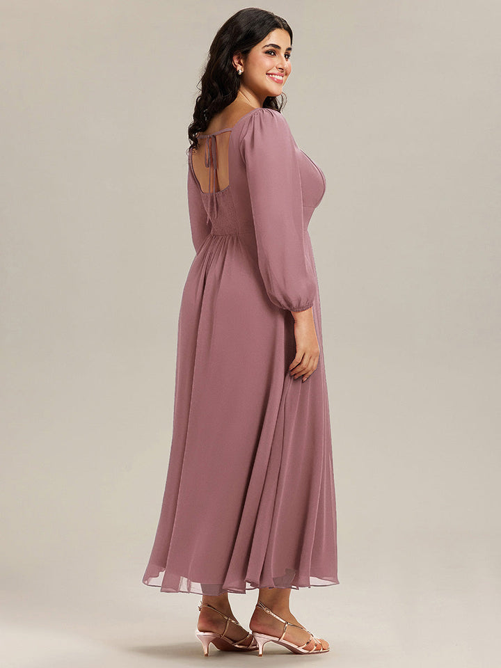 pretty LYDIA|Plus Size See-through Chiffon Lantern Sleeve Bridesmaid Dress
