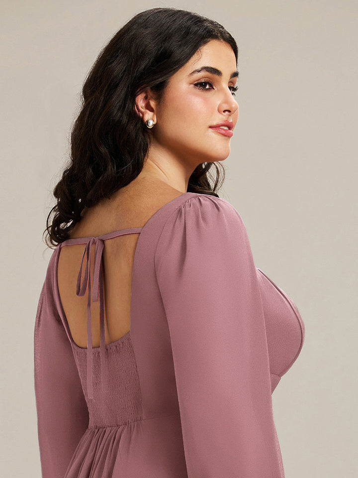 pretty LYDIA|Plus Size See-through Chiffon Lantern Sleeve Bridesmaid Dress