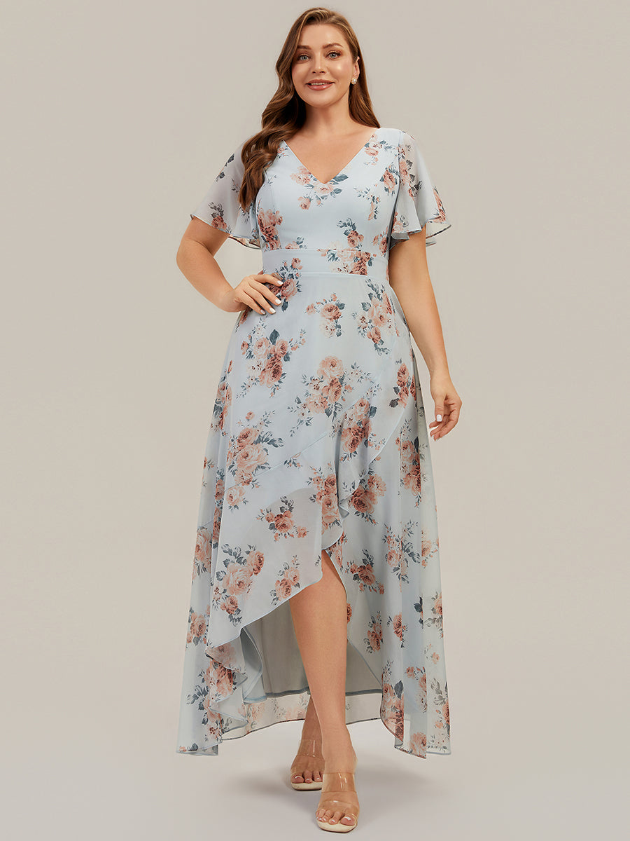 High Low Chiffon Ruffle Sleeve Bridesmaid Dress