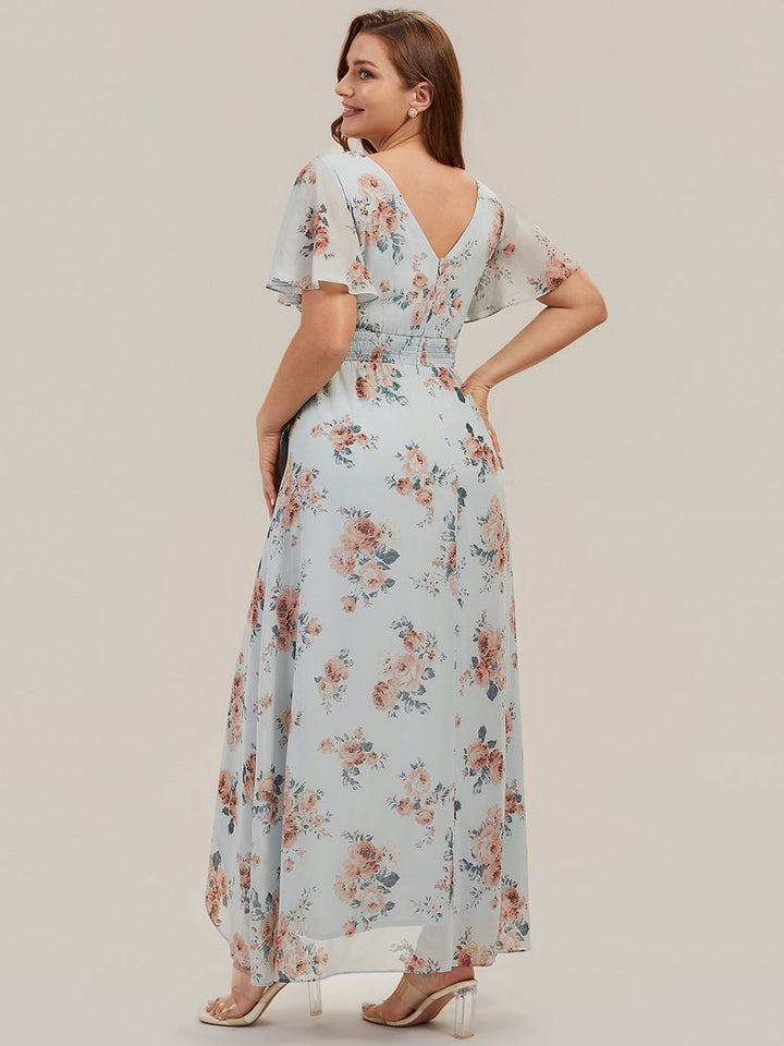 High Low Chiffon Ruffle Sleeve Bridesmaid Dress