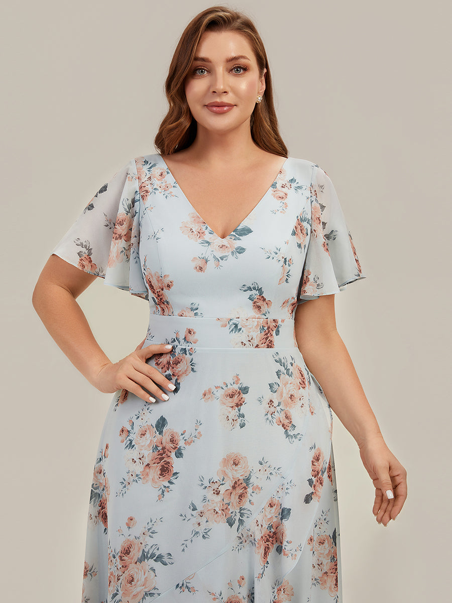 High Low Chiffon Ruffle Sleeve Bridesmaid Dress