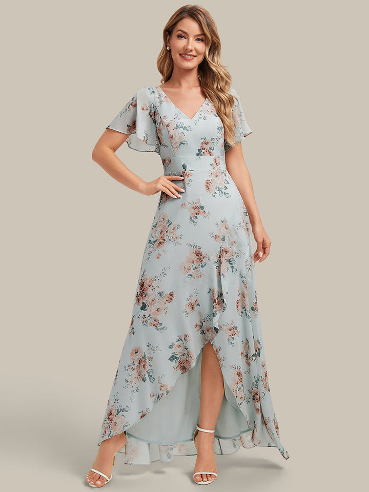 High Low Chiffon Ruffle Sleeve Bridesmaid Dress