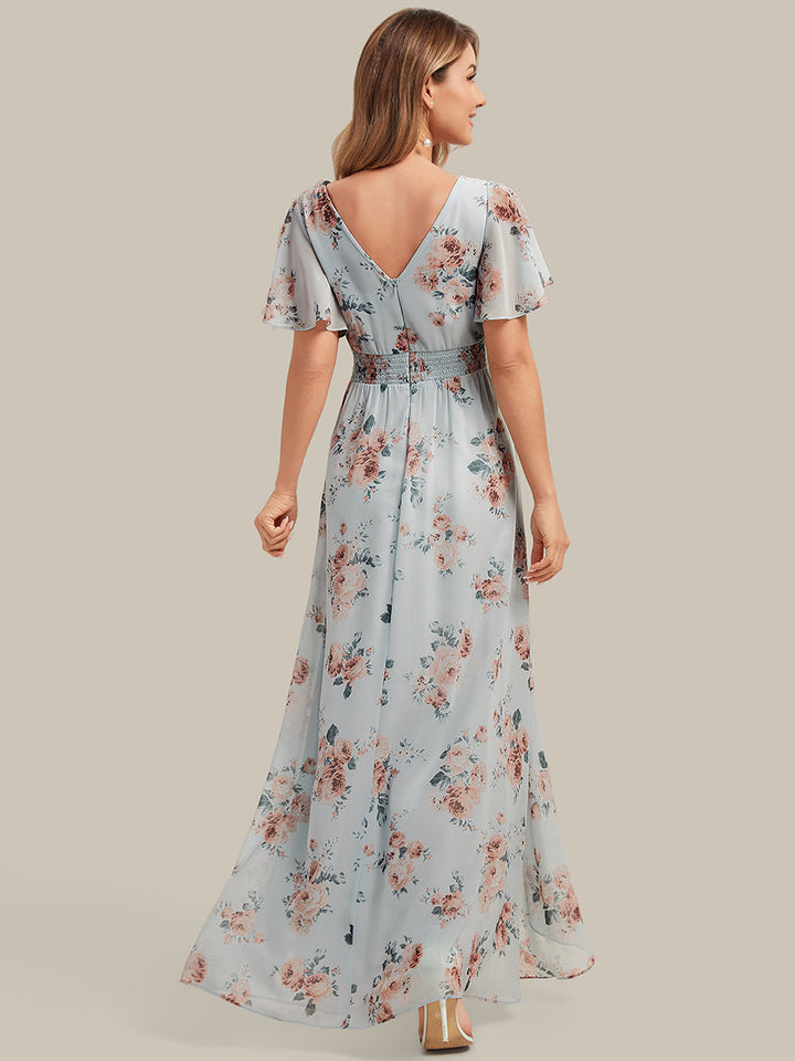 High Low Chiffon Ruffle Sleeve Bridesmaid Dress