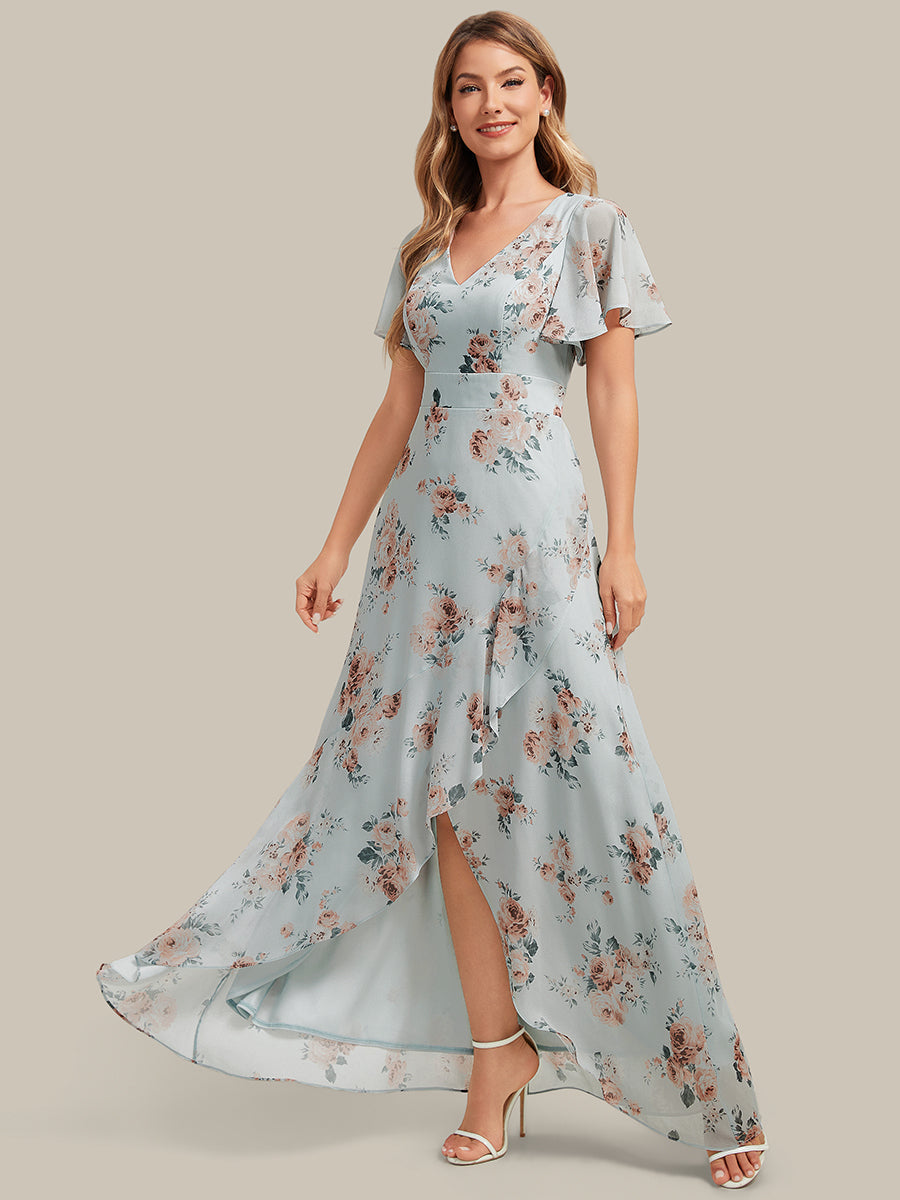 High Low Chiffon Ruffle Sleeve Bridesmaid Dress