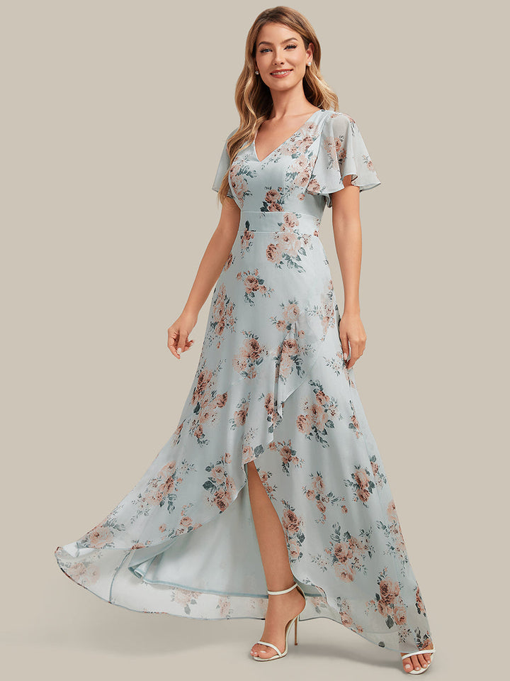 High Low Chiffon Ruffle Sleeve Bridesmaid Dress