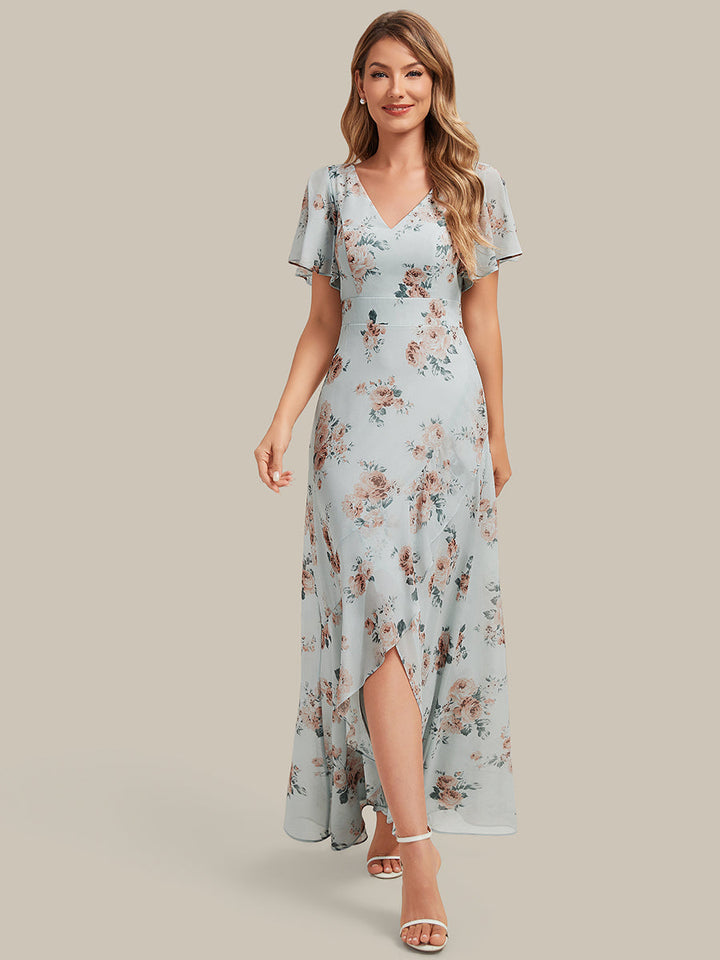 High Low Chiffon Ruffle Sleeve Bridesmaid Dress