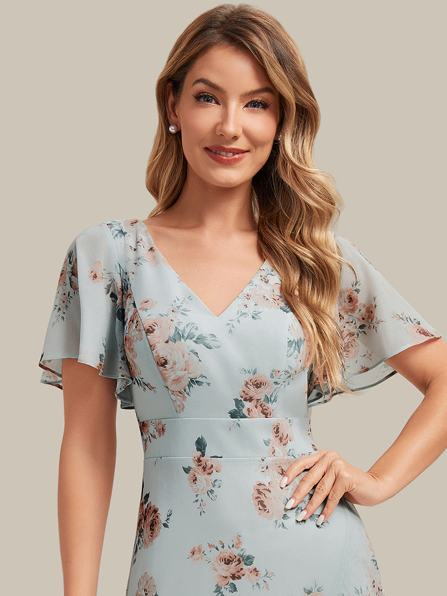 High Low Chiffon Ruffle Sleeve Bridesmaid Dress
