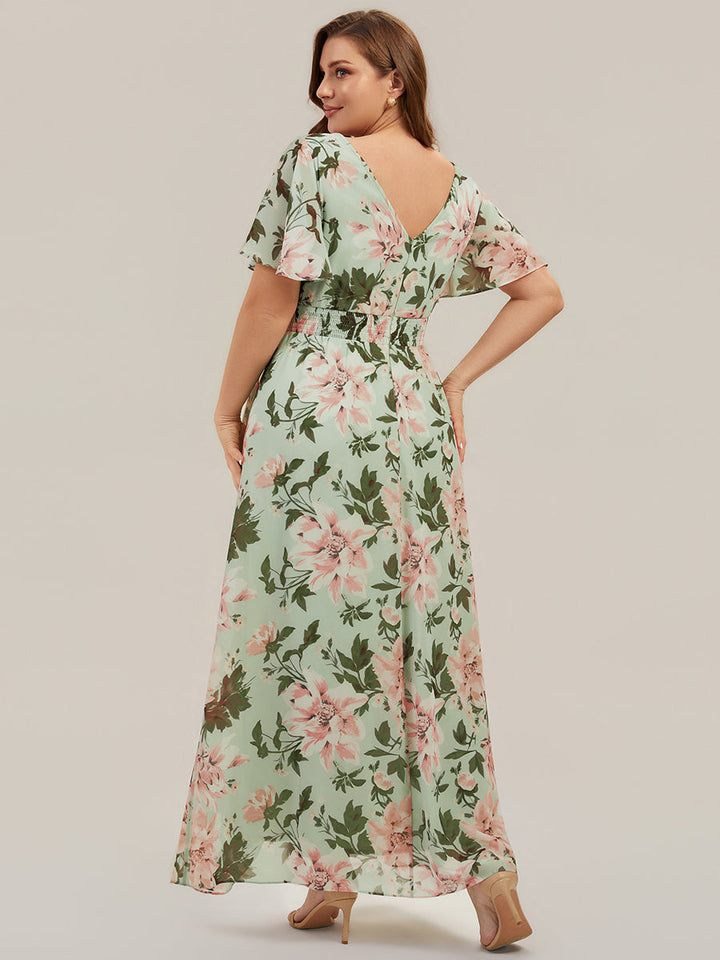 High Low Chiffon Ruffle Sleeve Bridesmaid Dress