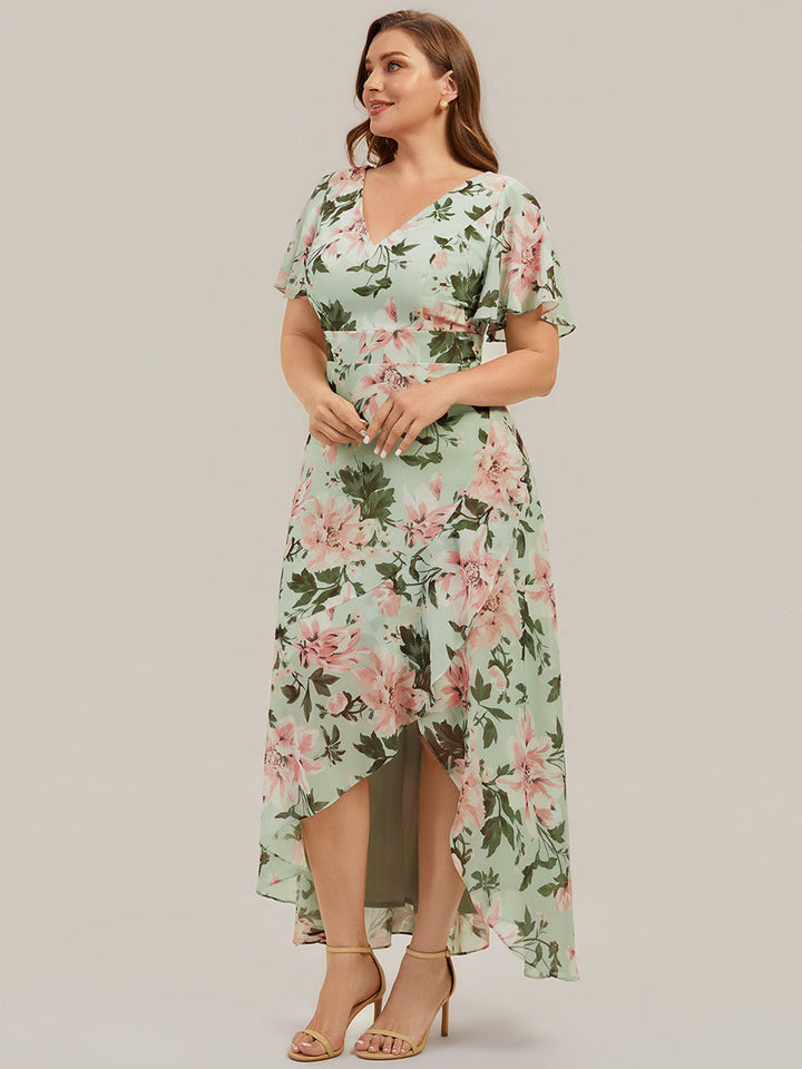 High Low Chiffon Ruffle Sleeve Bridesmaid Dress