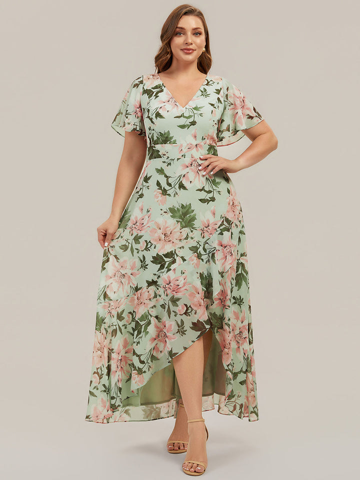 High Low Chiffon Ruffle Sleeve Bridesmaid Dress