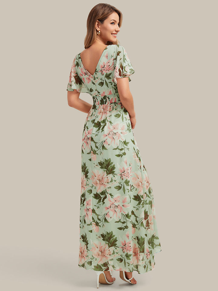 High Low Chiffon Ruffle Sleeve Bridesmaid Dress