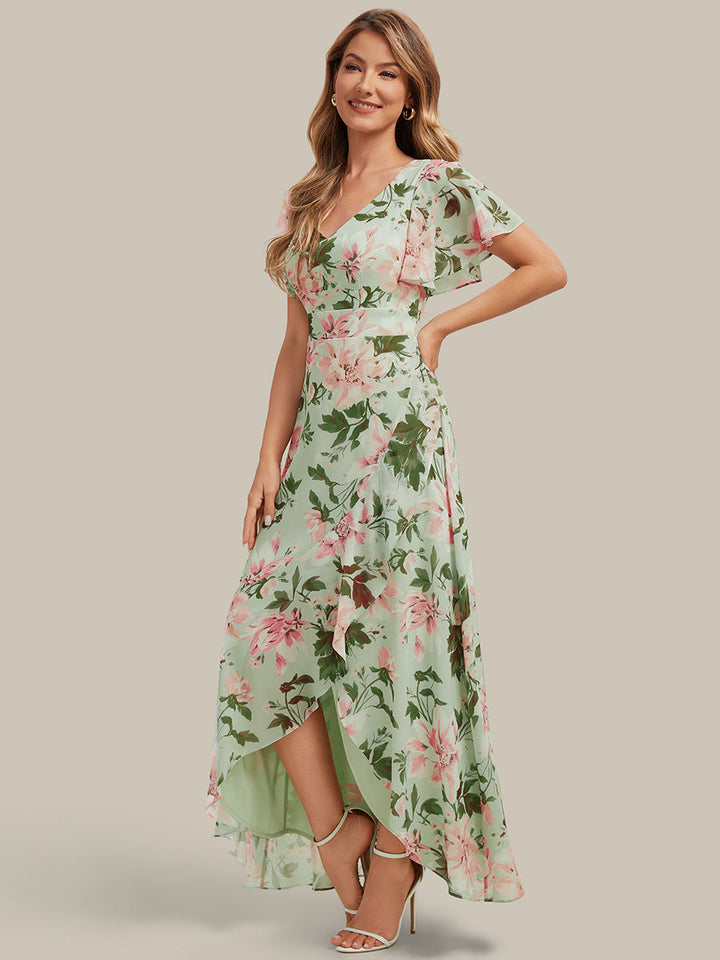 High Low Chiffon Ruffle Sleeve Bridesmaid Dress
