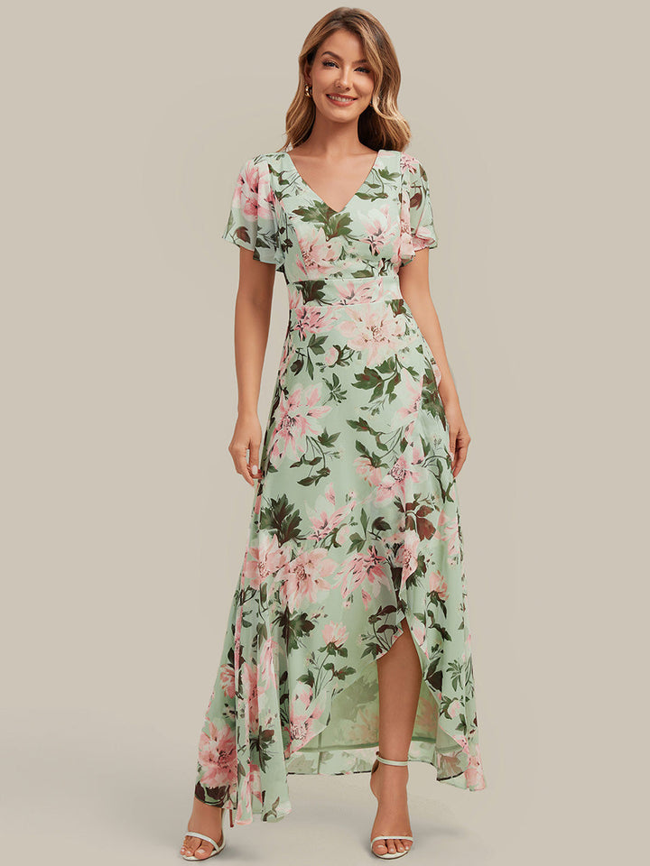 High Low Chiffon Ruffle Sleeve Bridesmaid Dress