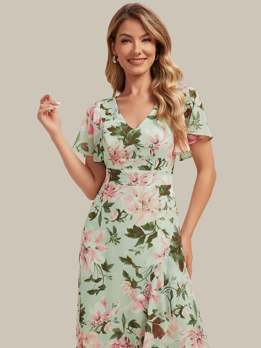 High Low Chiffon Ruffle Sleeve Bridesmaid Dress