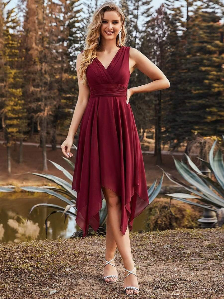 ever ELORA|V Neck Ruched Asymmetrical Hems Midi Chiffon Bridesmaid Dress
