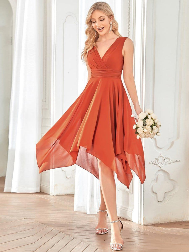 ever ELORA|V Neck Ruched Asymmetrical Hems Midi Chiffon Bridesmaid Dress