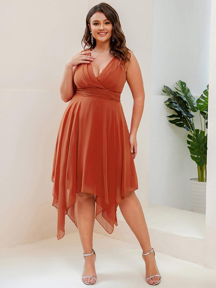 ever ELORA|V Neck Ruched Asymmetrical Hems Midi Chiffon Bridesmaid Dress