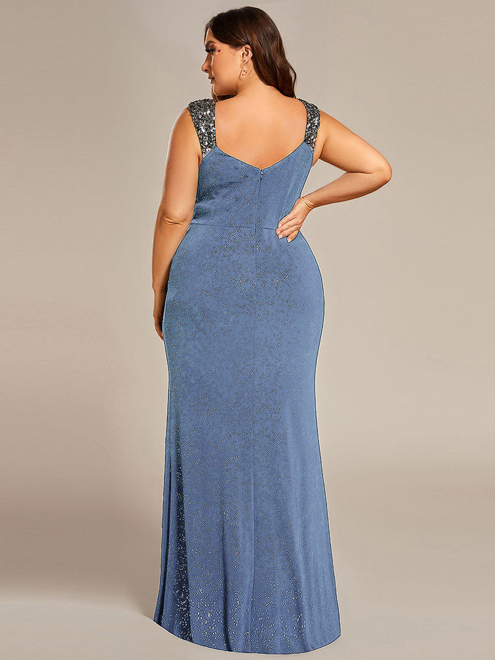 ever NOIRE|Glitter V-Neck High Slit Sequin Shoulder Strap Wedding Guest Dress