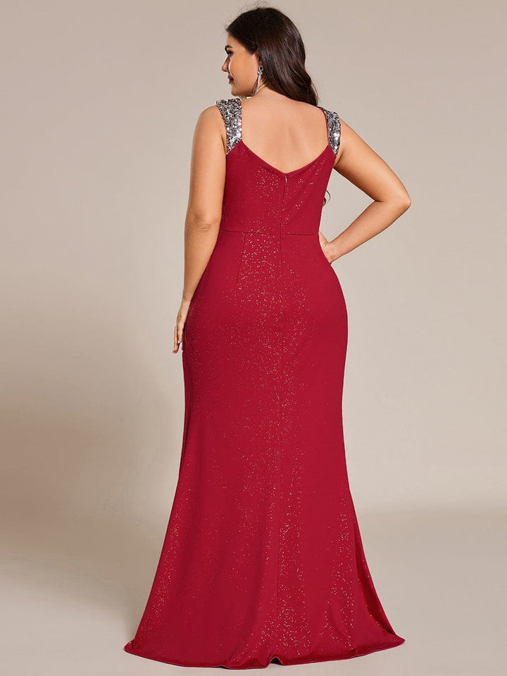 ever NOIRE|Glitter V-Neck High Slit Sequin Shoulder Strap Wedding Guest Dress