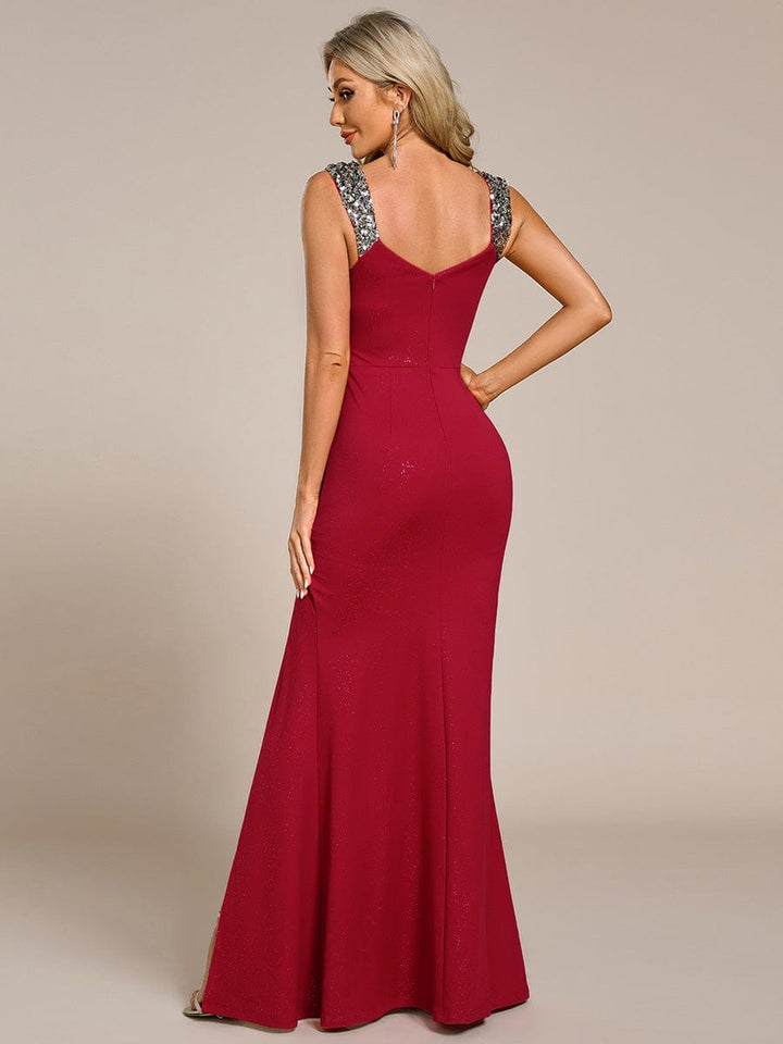 ever NOIRE|Glitter V-Neck High Slit Sequin Shoulder Strap Wedding Guest Dress
