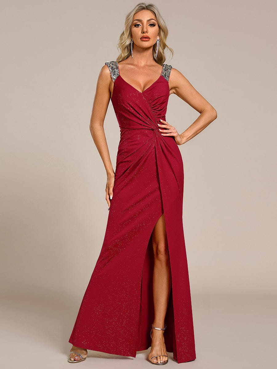 ever NOIRE|Glitter V-Neck High Slit Sequin Shoulder Strap Wedding Guest Dress