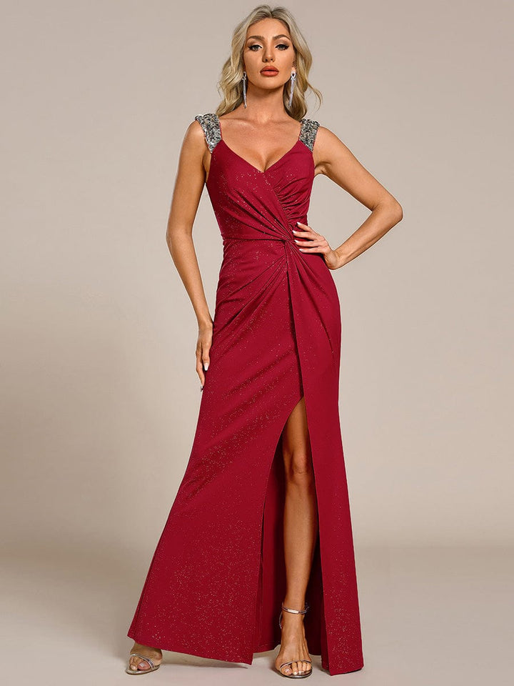 ever NOIRE|Glitter V-Neck High Slit Sequin Shoulder Strap Wedding Guest Dress