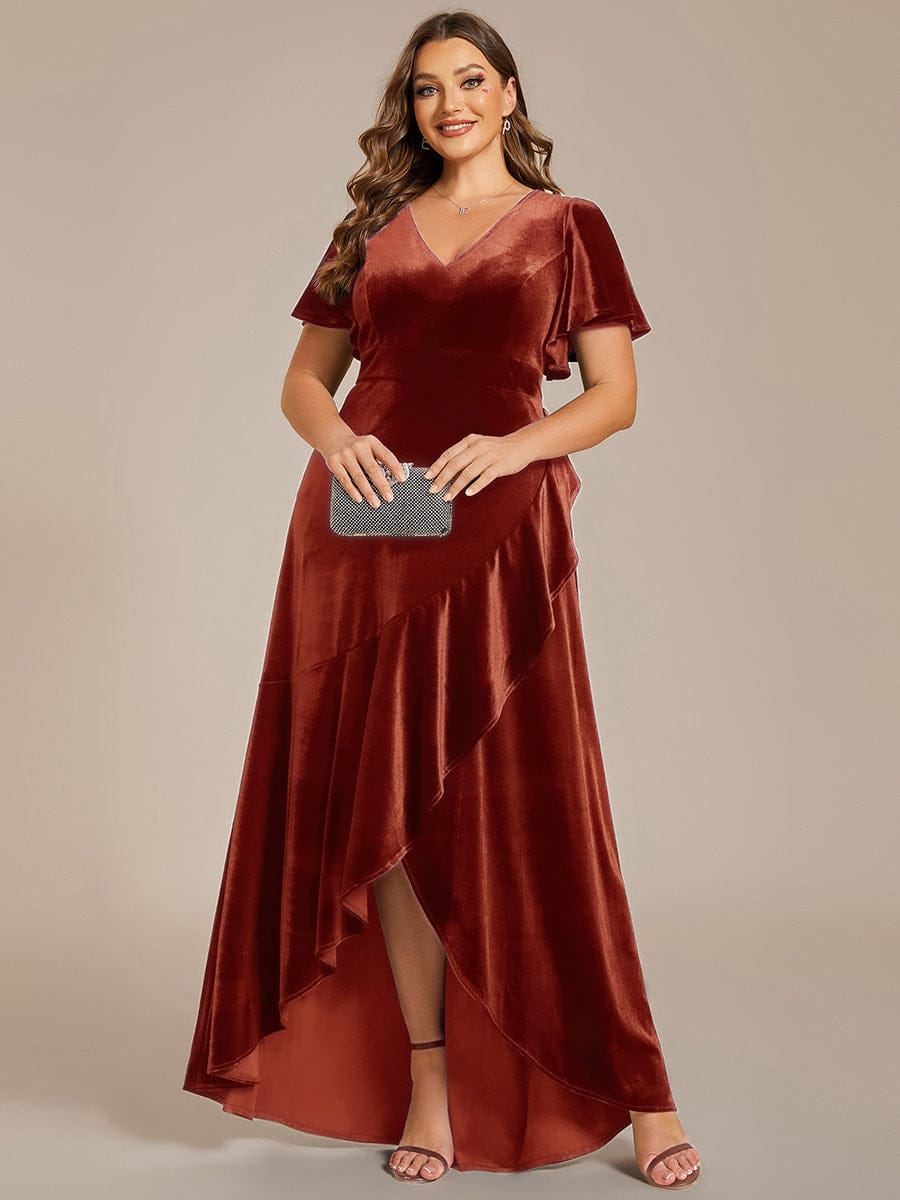 ever SYLVA|Double V-Neck Short Sleeves Stretchy Velvet Evening Dress with Lotus Leaf Hem
