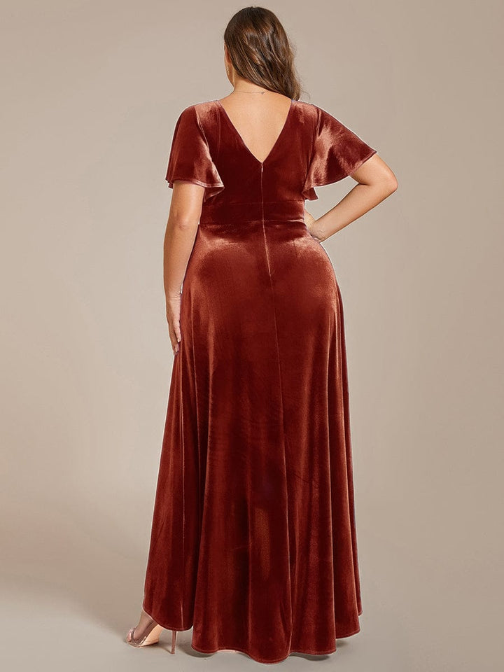 ever SYLVA|Double V-Neck Short Sleeves Stretchy Velvet Evening Dress with Lotus Leaf Hem