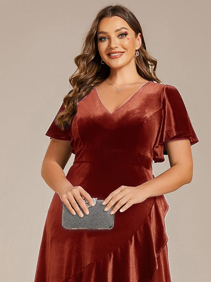 pretty SYLVA|Plus Size Lotus Leaf Hem A-Line V-Neck Ruffles Sleeve Velvet Evening Dress