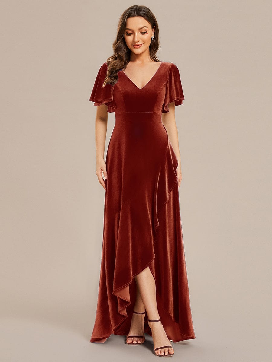ever SYLVA|Double V-Neck Short Sleeves Stretchy Velvet Evening Dress with Lotus Leaf Hem