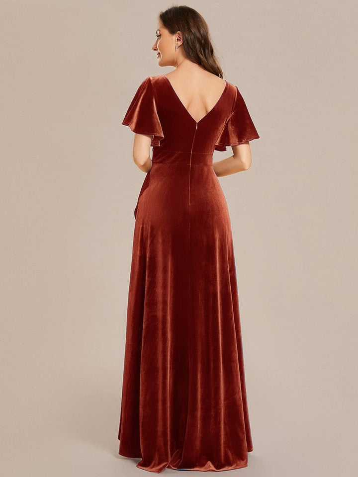 ever SYLVA|Double V-Neck Short Sleeves Stretchy Velvet Evening Dress with Lotus Leaf Hem
