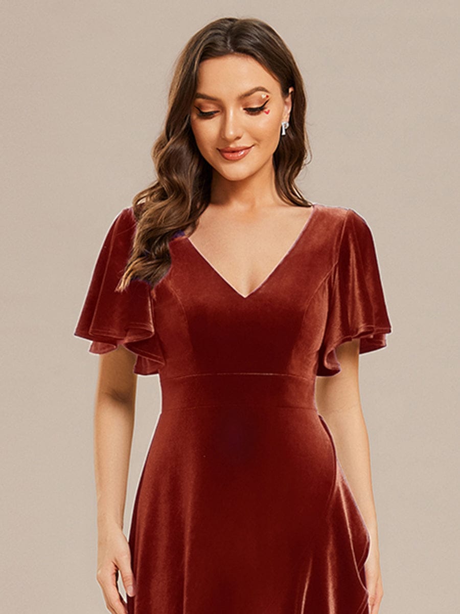 ever SYLVA|Double V-Neck Short Sleeves Stretchy Velvet Evening Dress with Lotus Leaf Hem