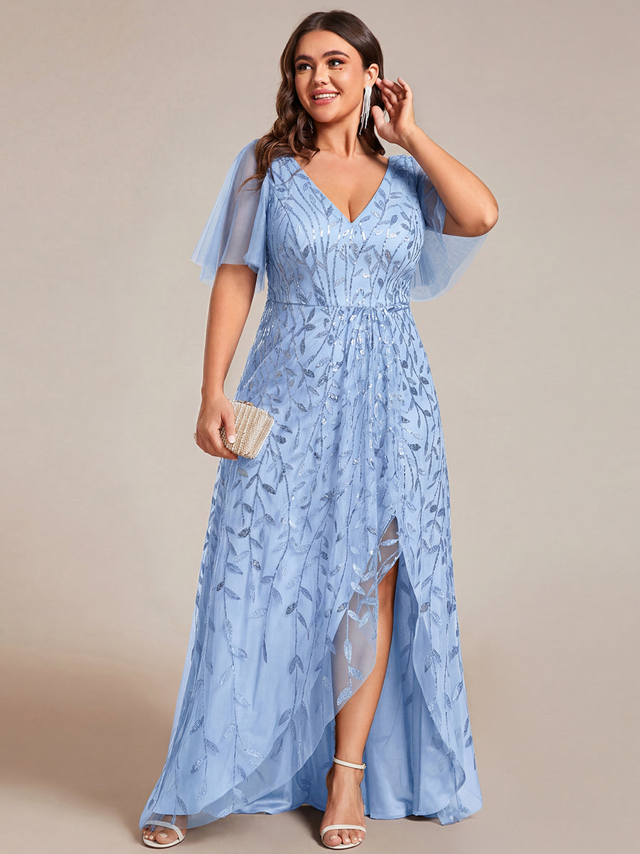ever ALIX|Short Sleeves Sequin High Low V-Neck Midi Formal Wedding Guest Dress