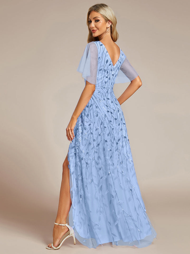 ever ALIX|Short Sleeves Sequin High Low V-Neck Midi Formal Wedding Guest Dress