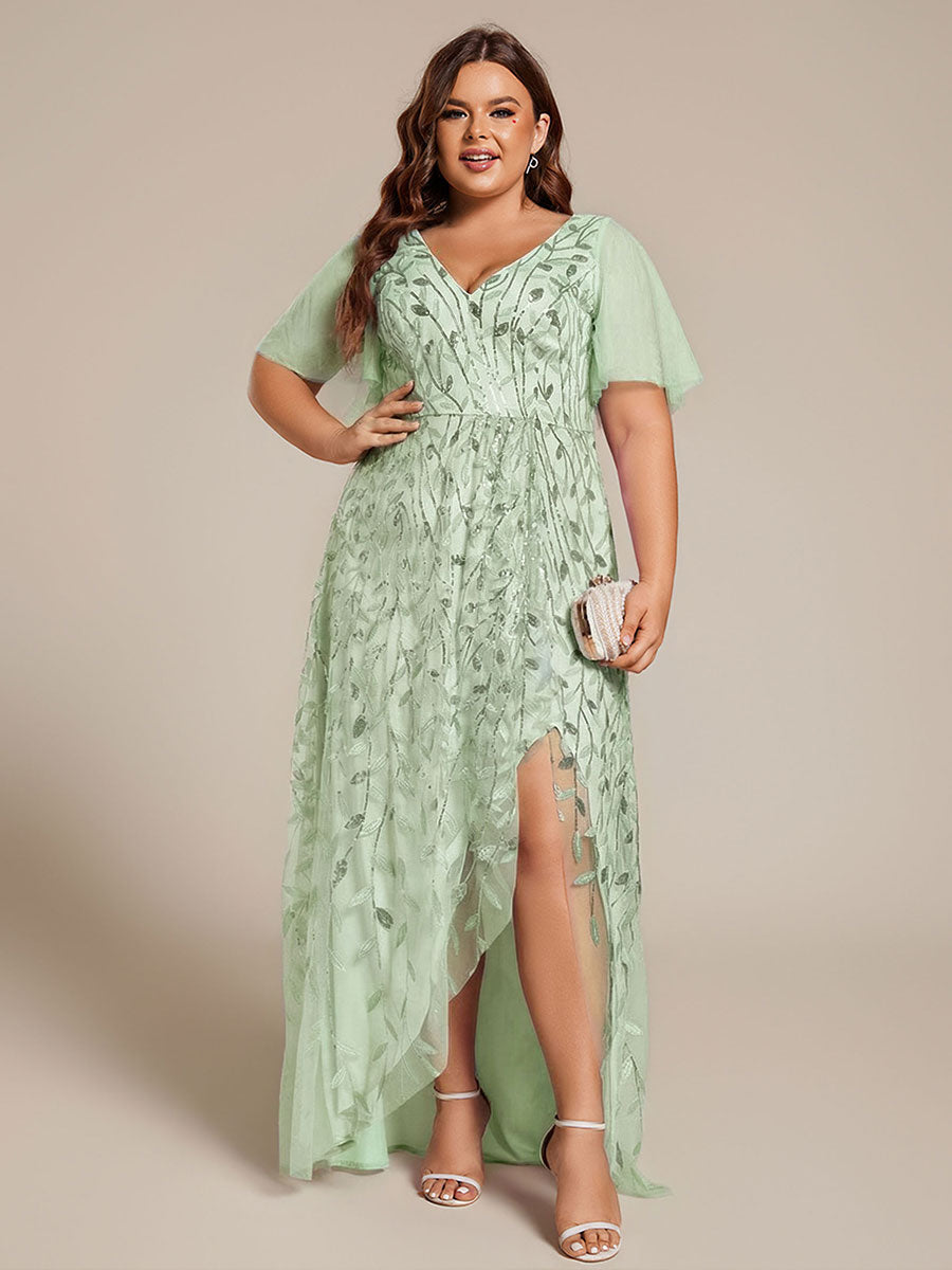 ever ALIX|Short Sleeves Sequin High Low V-Neck Midi Formal Wedding Guest Dress