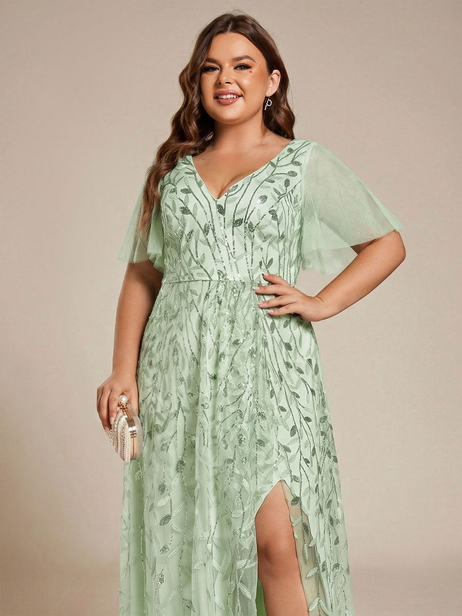 ever ALIX|Short Sleeves Sequin High Low V-Neck Midi Formal Wedding Guest Dress