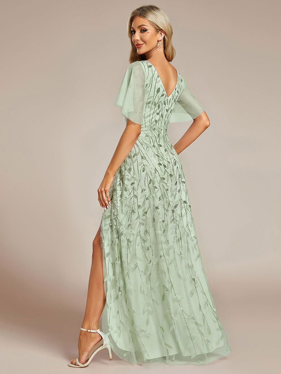 ever ALIX|Short Sleeves Sequin High Low V-Neck Midi Formal Wedding Guest Dress