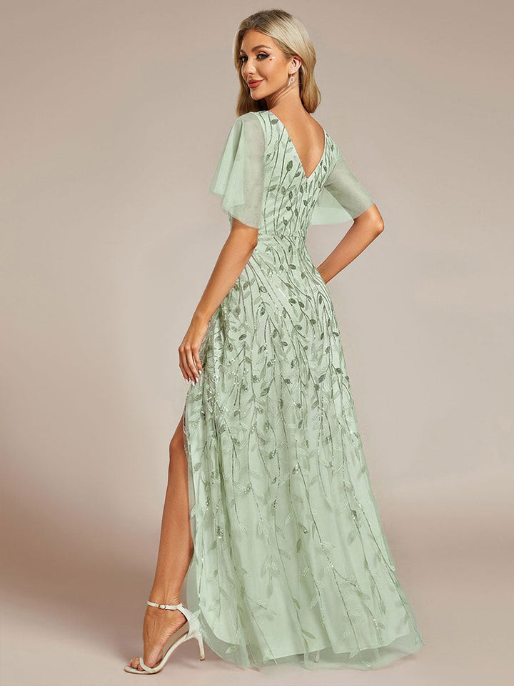 ever ALIX|Short Sleeves Sequin High Low V-Neck Midi Formal Wedding Guest Dress