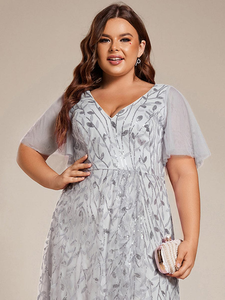 ever ALIX|Short Sleeves Sequin High Low V-Neck Midi Formal Wedding Guest Dress