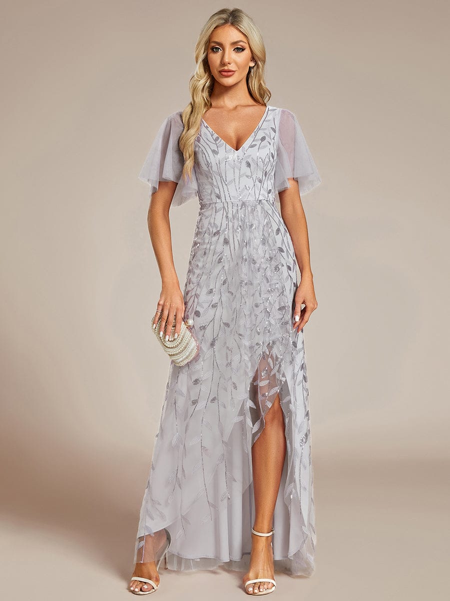 ever ALIX|Short Sleeves Sequin High Low V-Neck Midi Formal Wedding Guest Dress