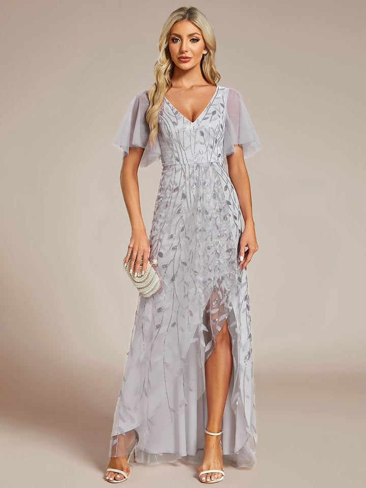 ever ALIX|Short Sleeves Sequin High Low V-Neck Midi Formal Wedding Guest Dress