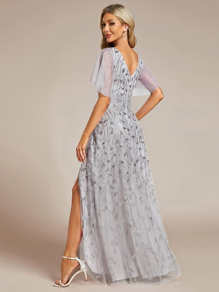 ever ALIX|Short Sleeves Sequin High Low V-Neck Midi Formal Wedding Guest Dress