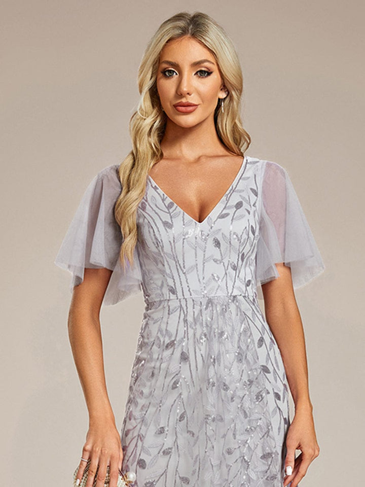 ever ALIX|Short Sleeves Sequin High Low V-Neck Midi Formal Wedding Guest Dress