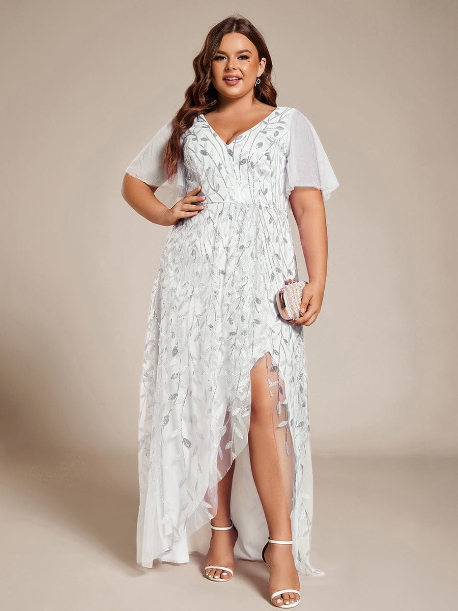 ever ALIX|Short Sleeves Sequin High Low V-Neck Midi Formal Wedding Guest Dress