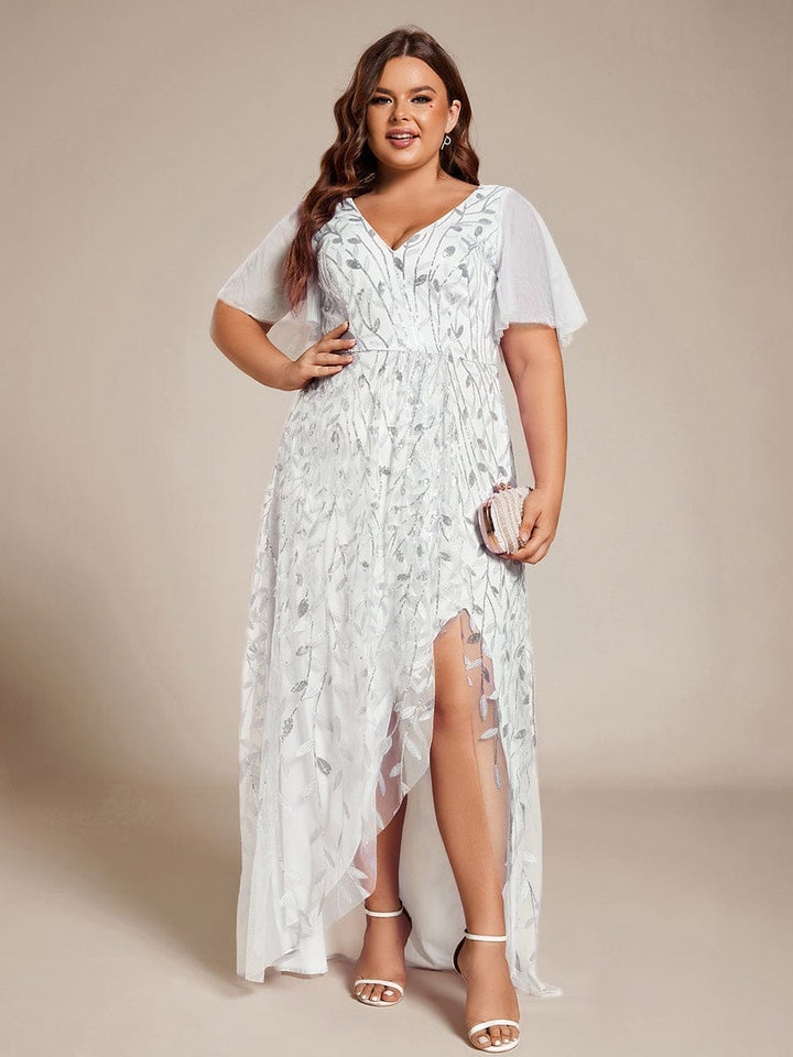 ever ALIX|Short Sleeves Sequin High Low V-Neck Midi Formal Wedding Guest Dress