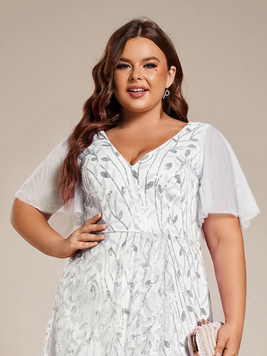 ever ALIX|Short Sleeves Sequin High Low V-Neck Midi Formal Wedding Guest Dress