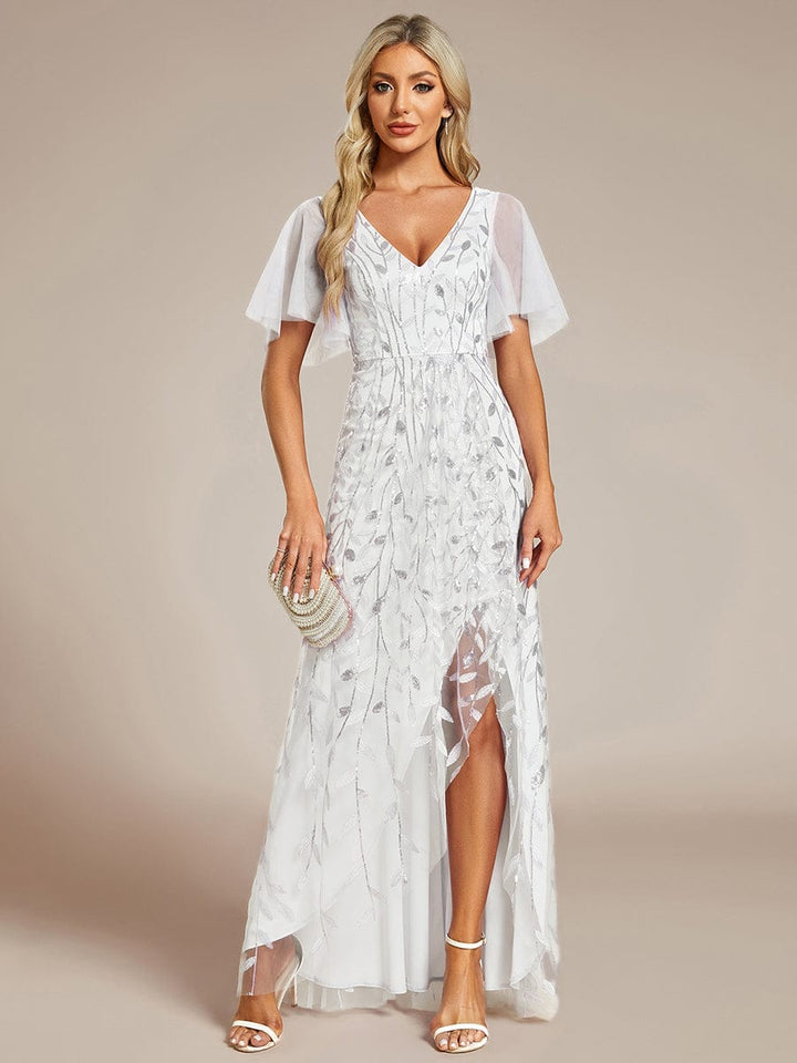 ever ALIX|Short Sleeves Sequin High Low V-Neck Midi Formal Wedding Guest Dress